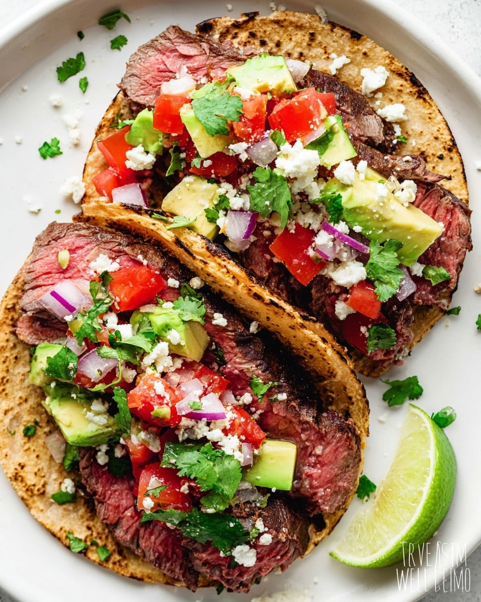 Two small tacos sit side by side on a white plate with a white marbled texture background. Each taco has a slightly charred corn tortilla base, holding several layers: slices of pink and brown grilled steak with a juicy texture, topped with bright red diced tomatoes, green cubes of avocado, and small pieces of purple onion. White crumbled cheese is scattered over the top, along with fresh green cilantro leaves. A wedge of lime with a light yellow-green color rests on the side of one taco. photo taken with an iphone --ar 4:5 --v 7