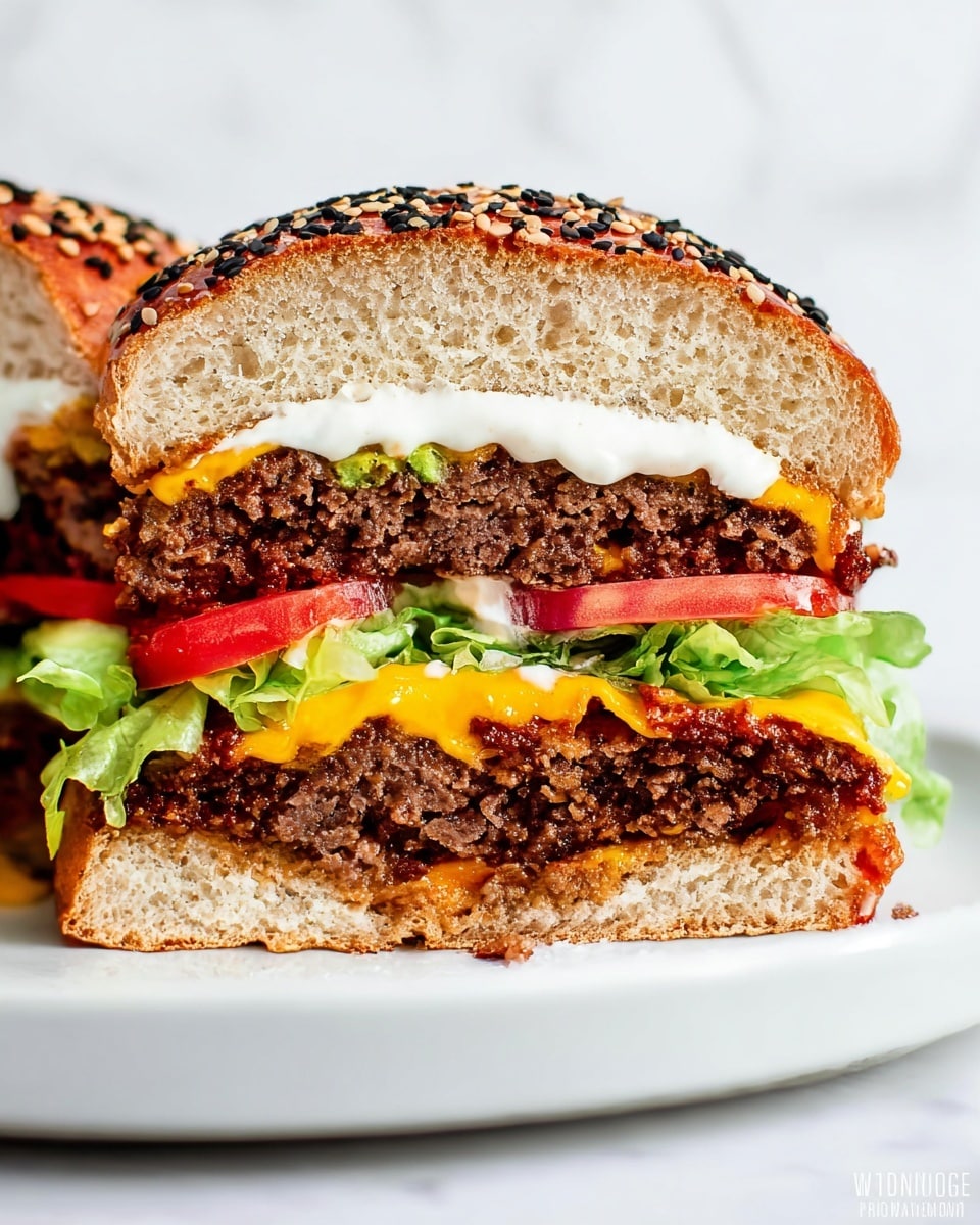 The image shows a close-up of a sesame seed bun hamburger cut in half, placed on a white plate with a white marbled background. From bottom to top, the layers include the bottom bun, a layer of green lettuce with a slightly crinkled texture, two bright red tomato slices, a thick, juicy beef patty with a charred and rough texture, a slice of melted yellow cheddar cheese, a second beef patty with a similar texture, a dollop of white creamy sauce, and the top bun with black sesame seeds scattered on its slightly coarse surface. The creamy sauce slightly drips from the top bun down onto the layers beneath. Photo taken with an iphone --ar 4:5 --v 7