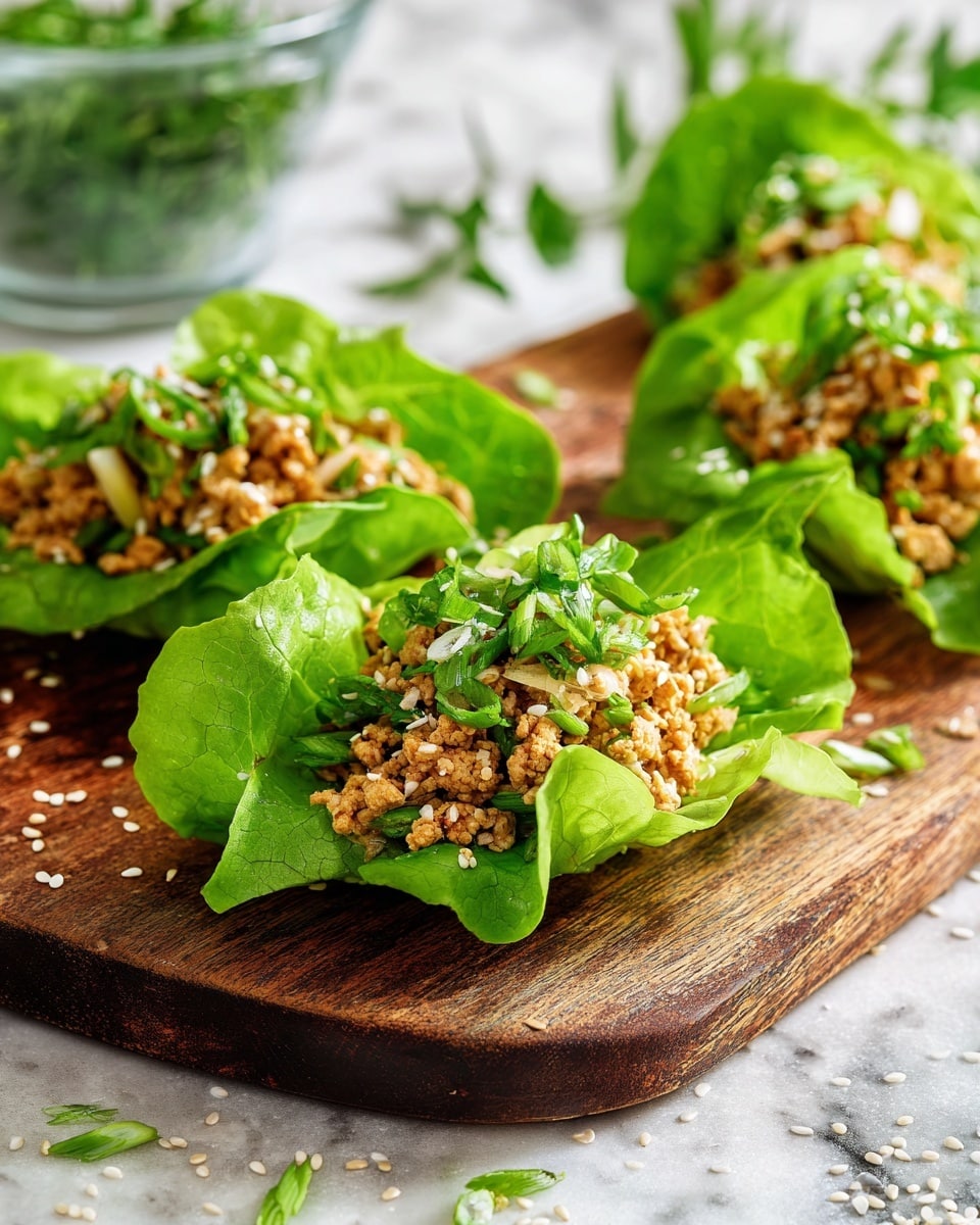 The image shows three fresh green lettuce leaves used as wraps, each filled with a layer of light brown cooked ground chicken mixed with small pieces of light yellow onion. On top of the chicken mixture, chopped vibrant green spring onions and white sesame seeds are sprinkled. The lettuce leaves are placed on a brown wooden board with some sesame seeds scattered around. In the background, a glass bowl with green herbs sits on a white marbled surface. Photo taken with an iphone --ar 4:5 --v 7
