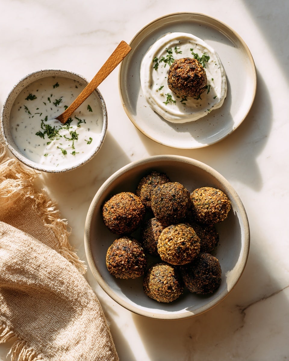 A white bowl filled with about ten round falafel balls, dark brown and textured with visible seeds, is sprinkled with small green herb bits. Above the bowl, a white plate holds one falafel ball sitting on a dollop of creamy white sauce with some green herbs on top. To the left, a white bowl contains more creamy white sauce garnished with chopped green herbs, with a wooden spoon resting inside. A beige textured cloth is partly visible on the lower left side, and the whole setup is placed on a white marbled surface. Shadows fall softly across the scene. Photo taken with an iphone --ar 4:5 --v 7