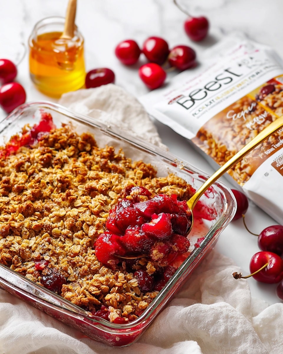 A clear glass baking dish holds a cherry crisp with two visible layers: the bottom layer is a vibrant red cherry filling with whole cherries shining through, and the top layer is a golden brown, crumbly oat mixture with a crunchy texture. A golden spoon is scooping a portion from the dish, resting partly in the cherry layer. The dish sits on a soft white cloth with scattered fresh red cherries around. In the background, there is a white bag of brown monk fruit sugar replacement with brown and beige accents and a clear bottle of golden honey substitute, all placed on a white marbled surface. photo taken with an iphone --ar 4:5 --v 7