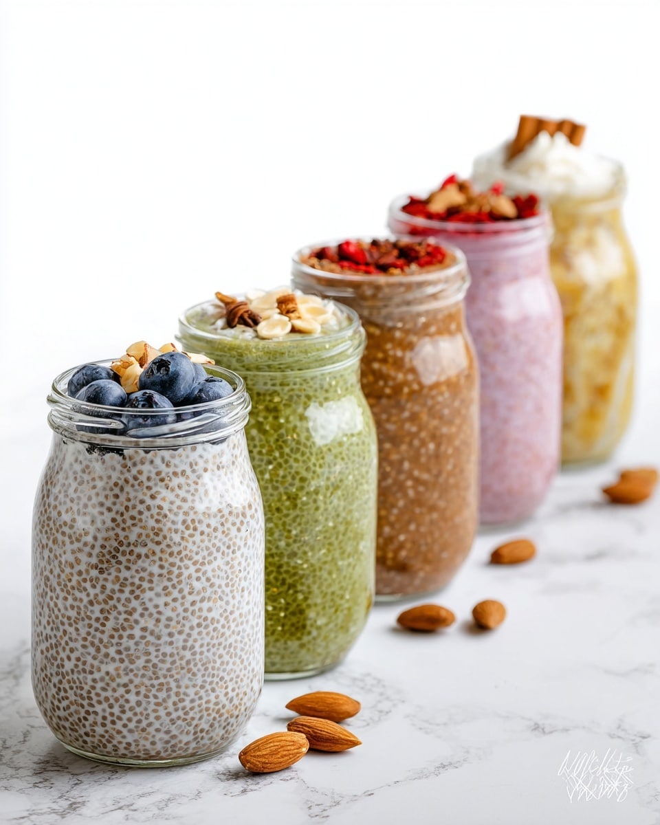A row of six clear glass jars filled with different flavors of chia seed pudding are arranged diagonally from front to back on a white marbled surface. The closest jar is filled with creamy white chia pudding dotted with brown chia seeds, topped with blueberries and almond slices. The second jar holds a green chia pudding with visible chia seeds, topped with a few blueberries. The third jar shows pink chia pudding with small chunks, garnished with red berries. The fourth jar contains brown chia pudding sprinkled with nuts or spices. The fifth jar shows light-colored chia pudding with banana slices on top. The last jar is filled with greenish-yellow chia pudding, topped with whipped cream and a cinnamon stick. Scattered almonds lay in the foreground. photo taken with an iphone --ar 4:5 --v 7