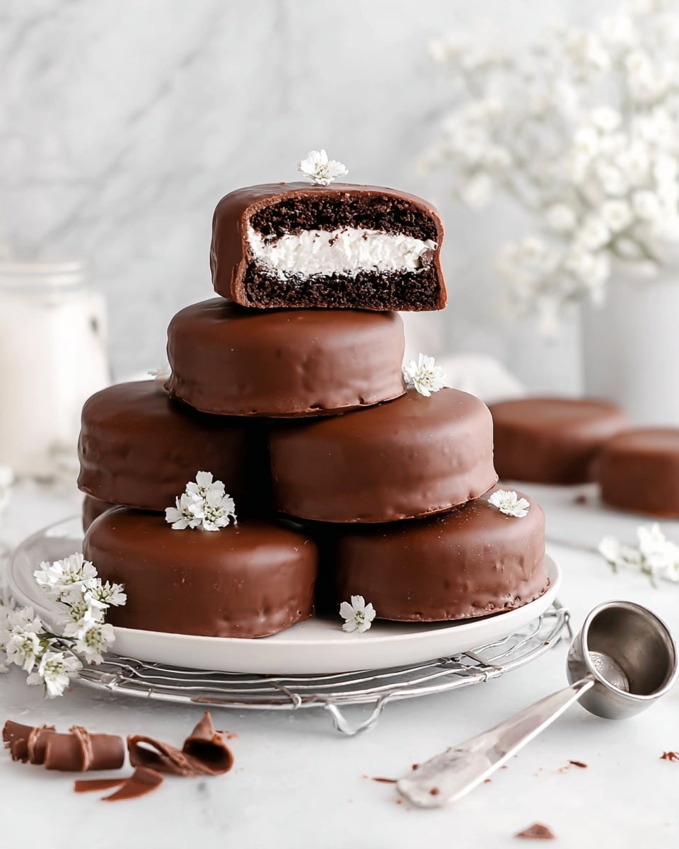 The image shows a stack of round chocolate cakes covered with smooth milk chocolate coating. On top of the stack, a single cake is cut in half, revealing a moist dark brown chocolate cake layer surrounding a creamy white filling at its center. The outer milk chocolate layer is thin and glossy, closely hugging the cake shape. The cakes sit on a white marbled surface, adding a clean and bright background to the rich brown colors of the chocolate. photo taken with an iphone --ar 4:5 --v 7