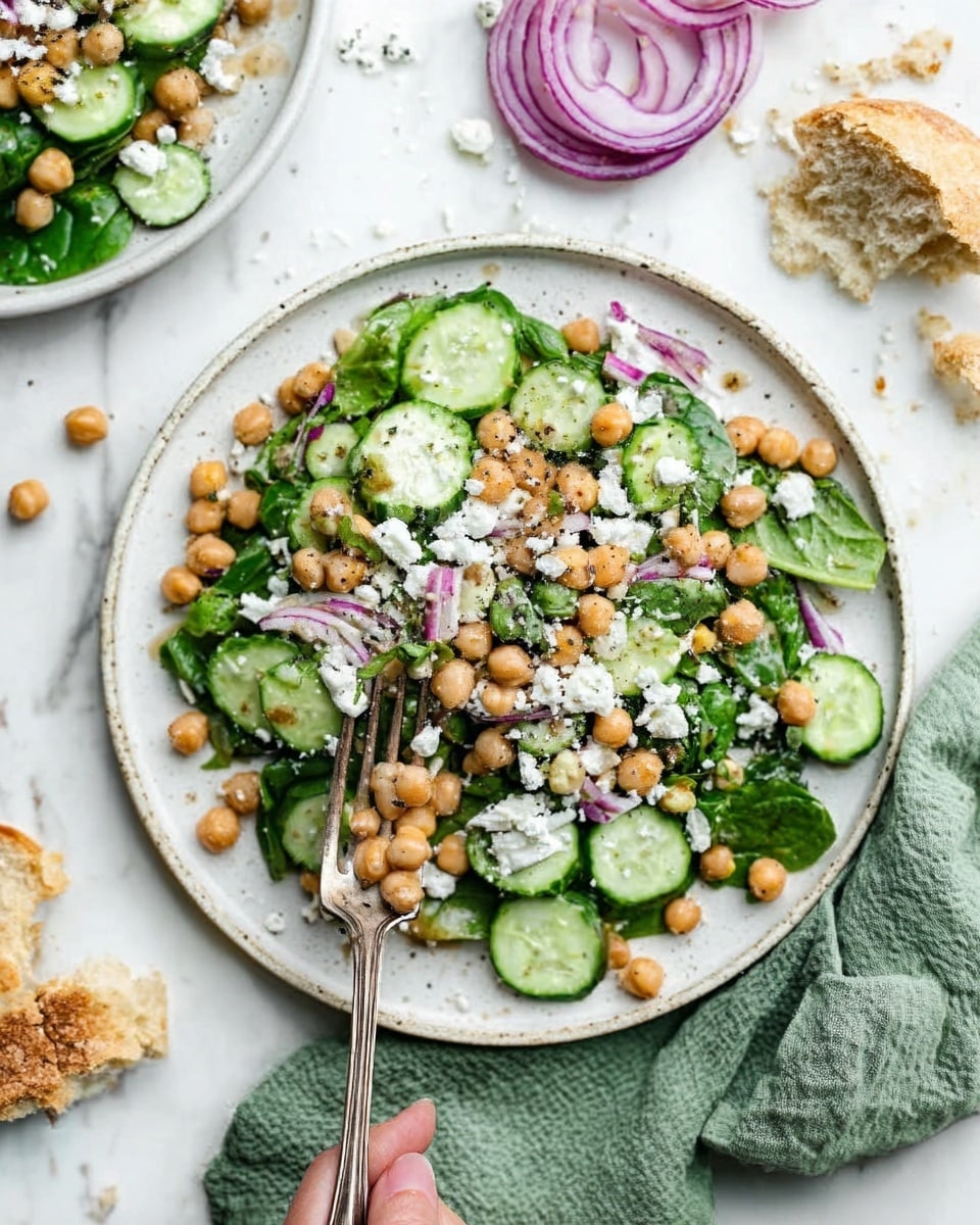 The image shows a white round plate on a white marbled surface, filled with a layered salad. The bottom layer is made of green leafy spinach, followed by scattered beige chickpeas. On top, there are fresh green cucumber slices and small pieces of red onion. Crumbled white cheese is sprinkled over the salad, adding texture and contrast. A woman's hand holding a vintage silver fork is touching the plate. Near the plate, there is a green cloth napkin and partially torn bread pieces on the white marbled background. Some red onion slices are placed above the plate separately. The colors blend naturally, giving a fresh and healthy look. Photo taken with an iphone --ar 4:5 --v 7
