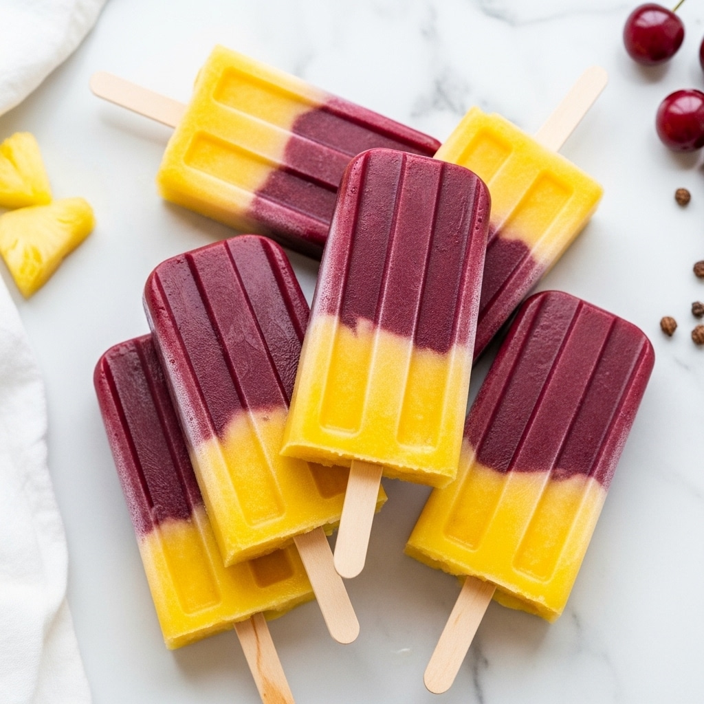 The image shows six popsicles arranged in a slight pile on a white marbled surface. Each popsicle has two clear layers: the top and middle part is a deep purple color with a smooth texture, and the bottom part is a bright yellow with a slightly uneven texture. Each popsicle has a wooden stick inserted at the bottom. The popsicles appear cold and slightly shiny, indicating they are well frozen. Nearby, a white cloth and a few unsorted ingredients are partly visible on the side. Photo taken with an iphone --ar 4:5 --v 7