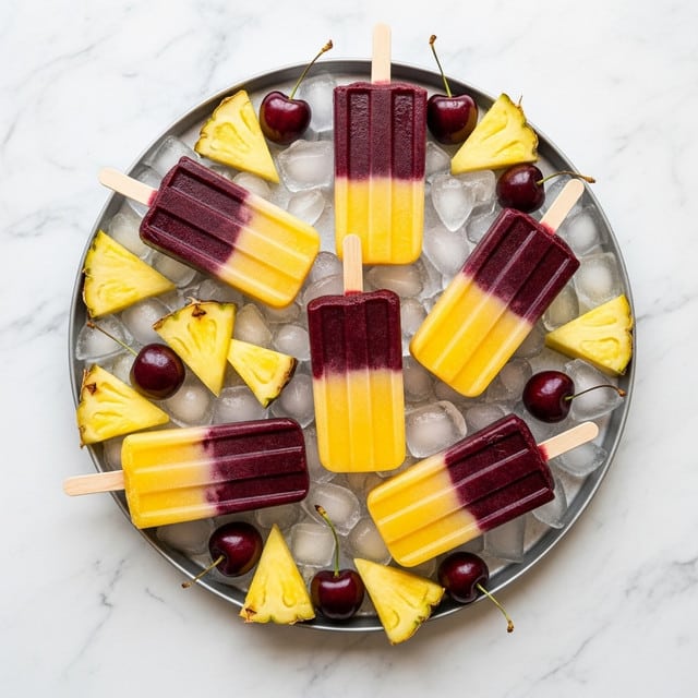 The image shows several popsicles with two layers, placed on a bed of clear ice cubes on a metal tray. The top layer of the popsicles is dark purple with a smooth texture, while the bottom layer is a bright yellow with a slightly creamy texture. Scattered among the popsicles are whole dark purple cherries with shiny skins and bright yellow triangular pineapple pieces with rough edges. The arrangement is vibrant and refreshing, set against a white marbled textured background, emphasizing the contrast of colors. photo taken with an iphone --ar 4:5 --v 7