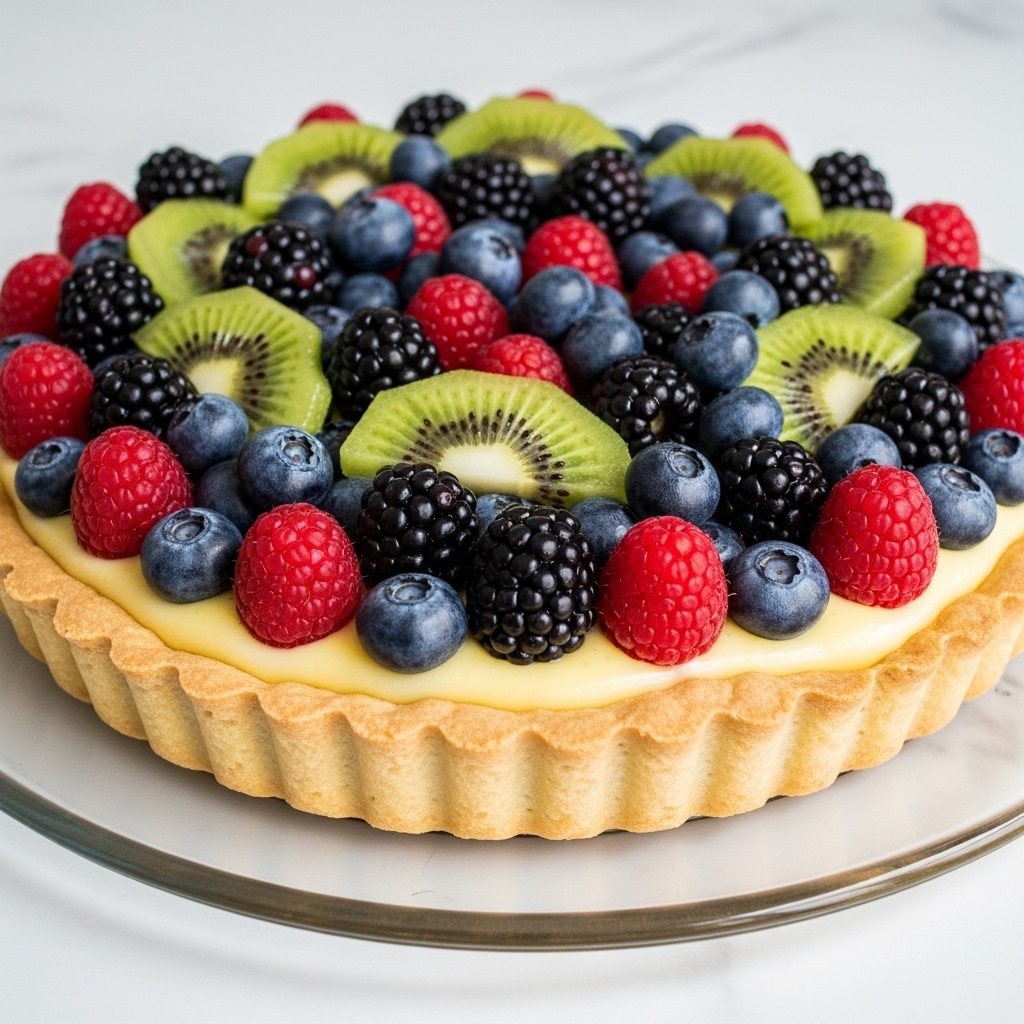 A fruit tart with three visible layers: the bottom layer is a light golden brown, slightly raised crust with a scalloped edge holding the filling; above the crust is a smooth, shiny yellow custard layer evenly spread; the top layer is a mix of fresh fruit arranged in a rustic, dense pattern featuring dark blue blueberries, black blackberries, bright red raspberries, and green kiwi slices with small black seeds, all with a glossy finish that makes them look juicy and fresh; the tart sits on a clear glass plate placed on a white marbled surface. photo taken with an iphone --ar 4:5 --v 7