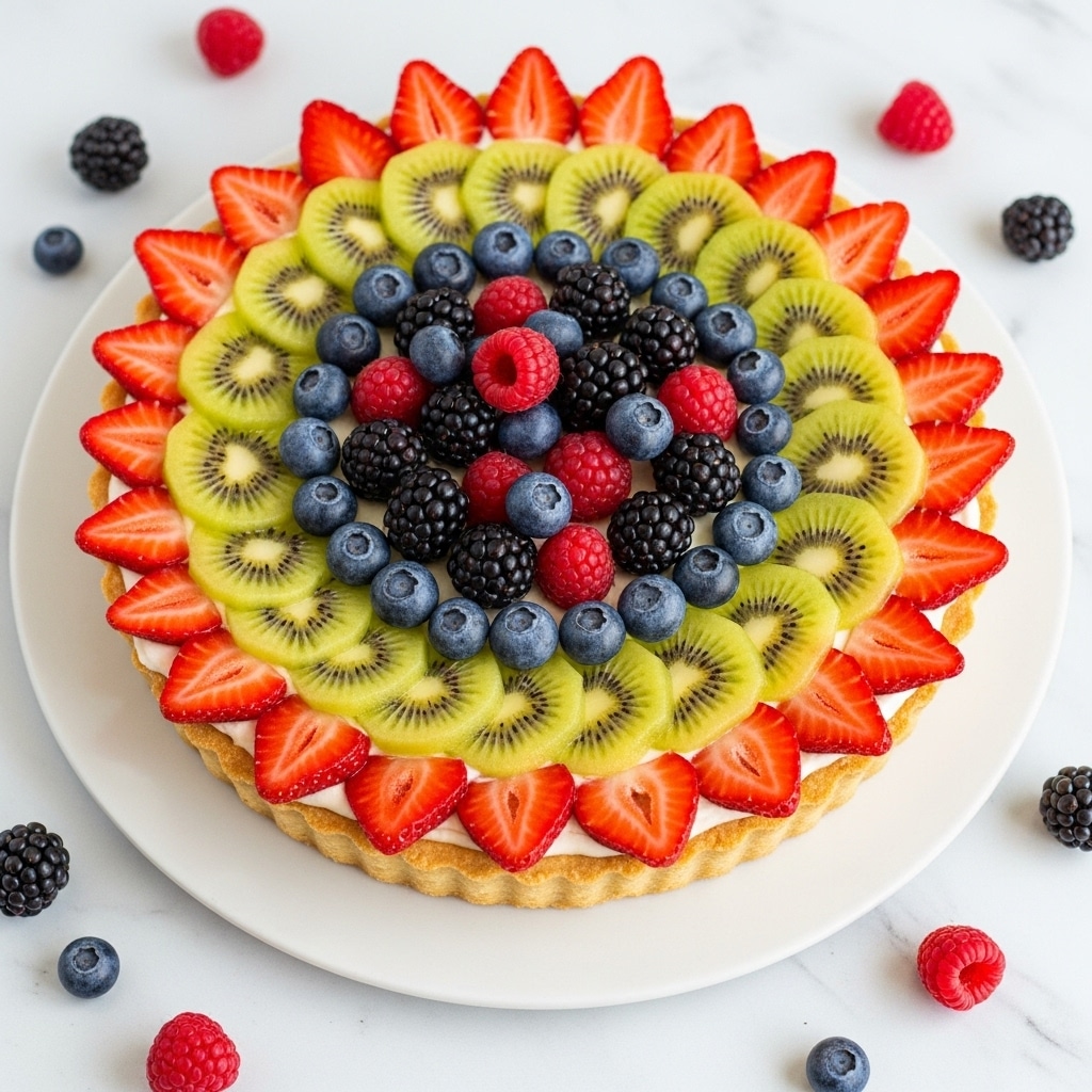 A colorful fruit tart on a round white plate with a light crust forming the base, filled with smooth cream. The top has several layers of fresh fruit arranged in a circular pattern: the outer edge is lined with cut strawberries showing their red color and seeds, followed by slices of greenish-yellow kiwi with black seed patterns inside. Blueberries fill the gaps between the strawberries and kiwi. The center is full of a mix of whole blackberries, raspberries, and blueberries, creating a vibrant mix of dark purple, red, and blue hues. The tart sits on a white marbled surface with scattered berries around it. Photo taken with an iphone --ar 4:5 --v 7