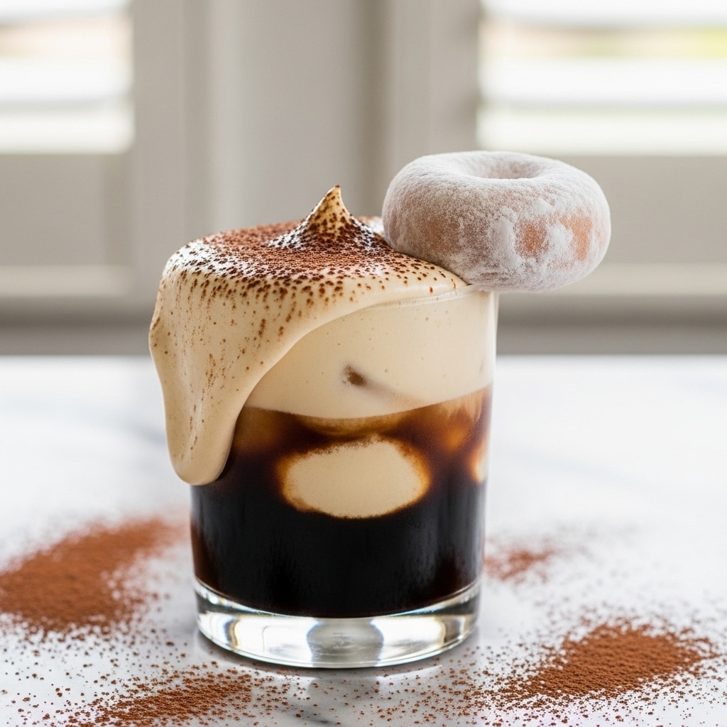 A clear glass filled with three distinct layers: a dark black coffee base at the bottom, topped with a thick, foamy layer of light tan cream that spills slightly over the glass edge, dusted with fine brown cocoa powder. Resting on the rim of the glass is a single pale beige powdered donut, positioned horizontally. The glass sits on a white marbled surface scattered with cocoa powder, with a soft, neutral background featuring white window shutters. photo taken with an iphone --ar 4:5 --v 7