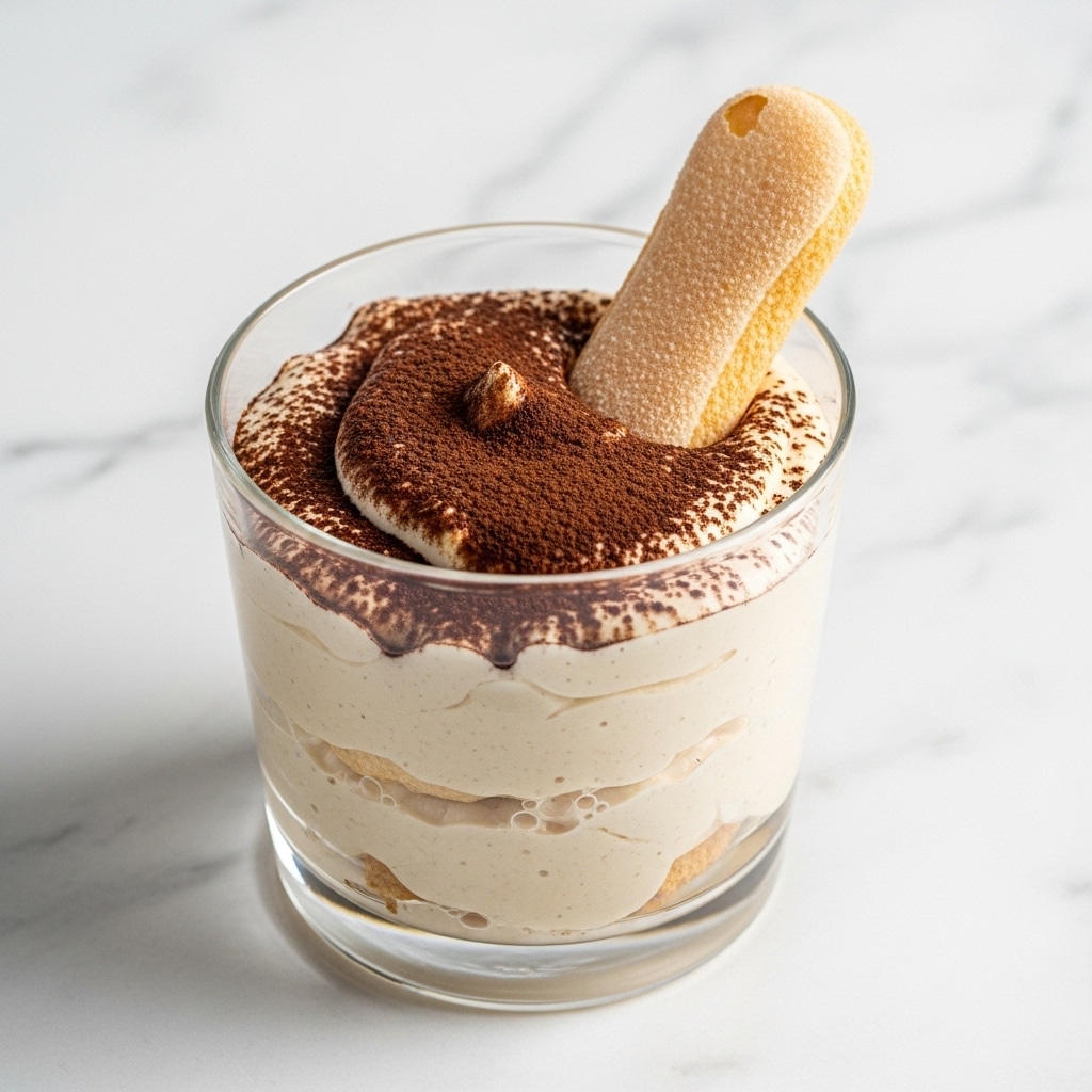 The image shows a glass cup filled with a creamy dessert that has a light beige color and a soft, fluffy texture. The top layer is covered with a dusting of dark cocoa powder, and a single light brown ladyfinger biscuit rests diagonally on the surface. The glass is clear, showing the smooth dessert inside with a few small air bubbles. The background is a white marbled texture. Photo taken with an iphone --ar 4:5 --v 7