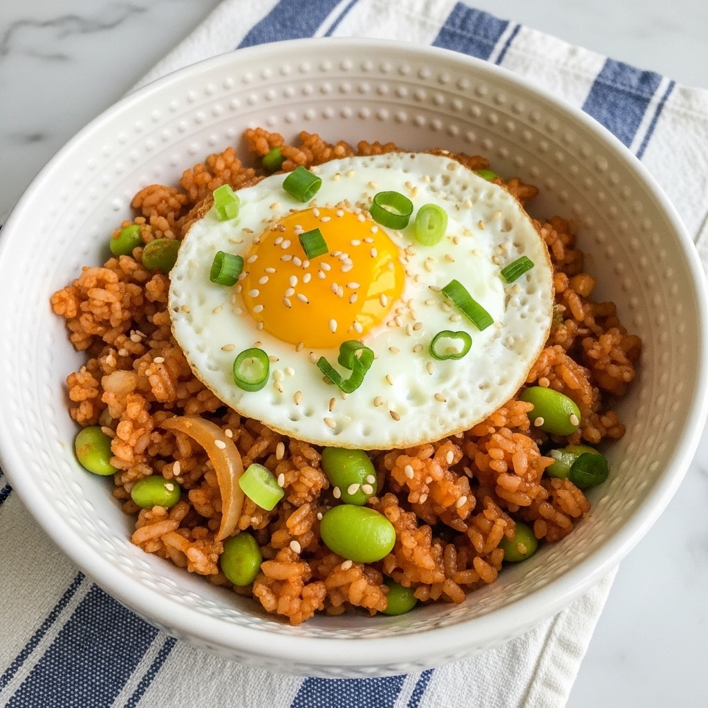 A white bowl with textured patterns holds a dish with two main layers; the bottom layer is reddish-brown fried rice mixed with green edamame beans and small pieces of cooked onion, giving it a varied texture and color. On top is a single fried egg with a bright, slightly runny yolk in the center surrounded by white cooked egg whites. The egg is sprinkled with thin slices of green onions and white sesame seeds. The bowl is placed on a blue and white striped cloth on a white marbled surface. photo taken with an iphone --ar 4:5 --v 7