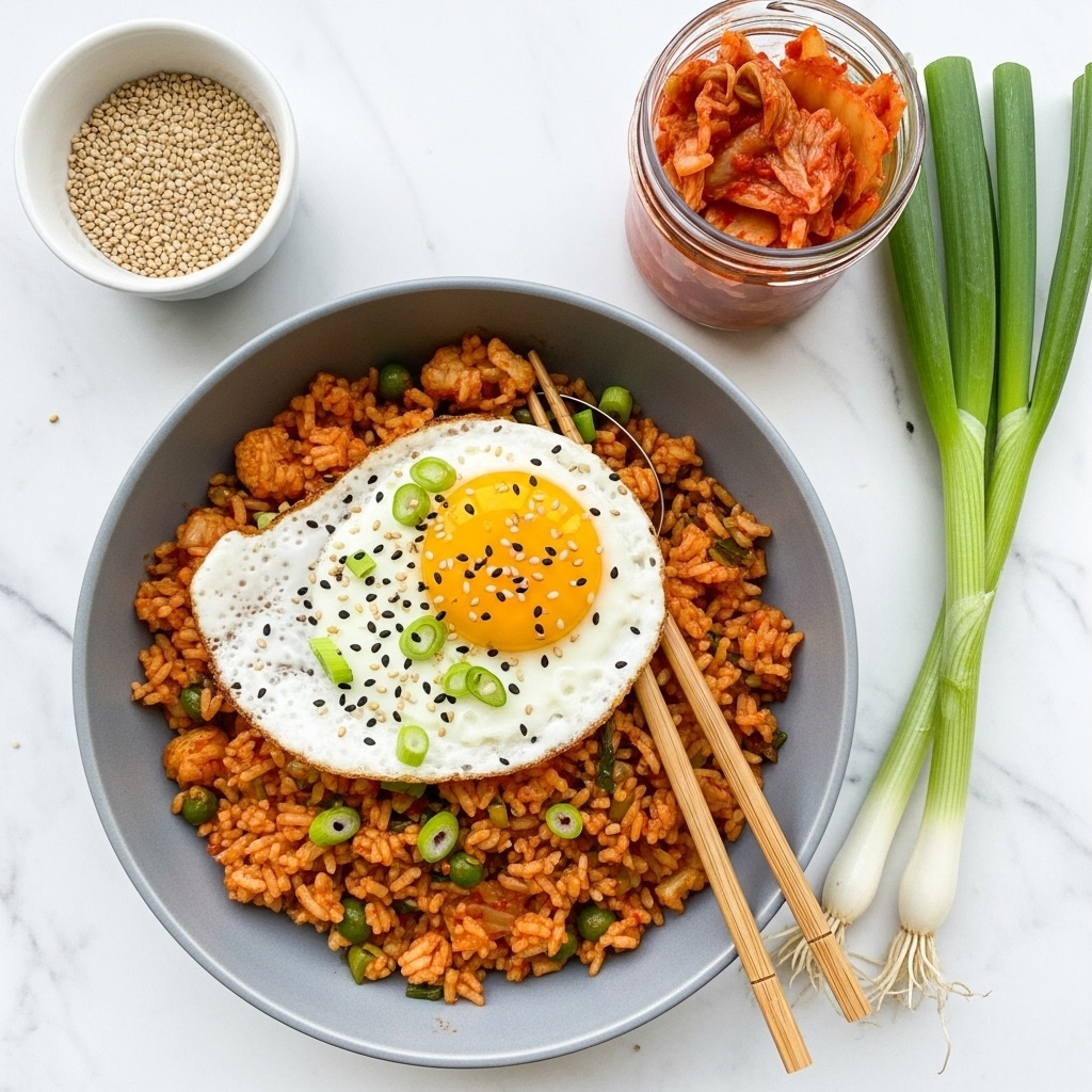 A white marbled surface holds a gray bowl filled with a layered dish. The bottom layer is reddish-orange fried rice mixed with green onion pieces and small bits of vegetables. On top of the rice is a fried egg with a bright yellow yolk and white edges, sprinkled with black and white sesame seeds and green onion slices. Next to the bowl is a small glass jar of red-orange kimchi and fresh green onions with white bulbs placed diagonally on the white marble. A pair of wooden chopsticks rests inside the bowl, partially buried in the rice. In the top left corner, a white bowl contains beige sesame seeds. photo taken with an iphone --ar 4:5 --v 7