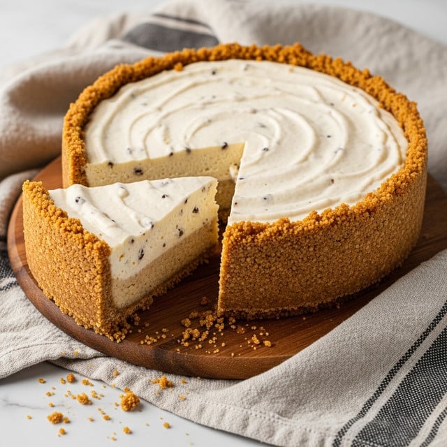 A cheesecake with one slice removed sits on a wooden board, showing two visible layers: a thick light beige creamy top layer with tiny dark specks scattered throughout, and a thick crumbly golden brown crust forming the side and base. Crumbs from the crust are scattered around the removed slice. The whole scene rests on a soft, wrinkled cloth with dark stripes on a white marbled texture surface. Photo taken with an iphone --ar 4:5 --v 7