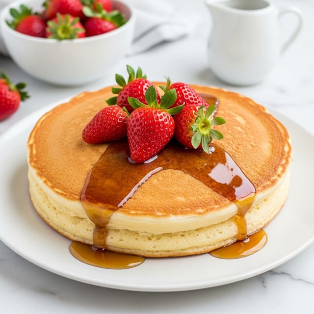A thick round pancake with a golden brown top layer that looks soft and fluffy sits on a white plate. The middle is covered with a pool of shiny amber maple syrup that drips slightly over the edges. On top of the syrup, there are six fresh, bright red strawberries with green leaves, adding a fresh touch to the warm pancake. In the background, a white bowl filled with more strawberries and a small white pitcher are placed on a white marbled surface, creating a simple and fresh breakfast setting. photo taken with an iphone --ar 4:5 --v 7