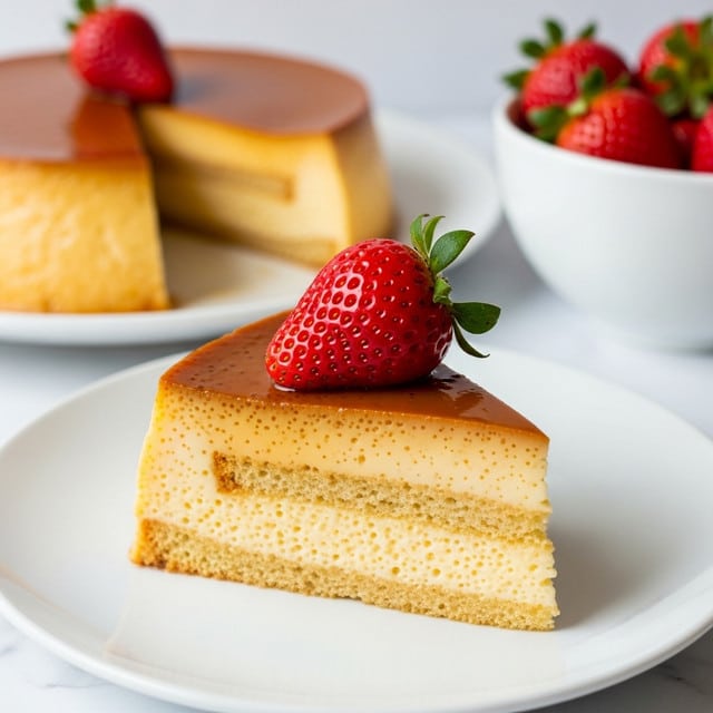 A close-up of a slice of flan cake on a white plate, showing three layers: the bottom layer is a creamy yellow custard with a soft and slightly porous texture, the middle layer is a thin caramel glaze with a smooth, shiny surface, and on top sits a bright red strawberry with visible seeds and a green leafy top; in the background, a white plate with the rest of the flan cake has a cut section visible, and to the side, a white bowl filled with more strawberries can be seen, all set on a white marbled surface. photo taken with an iphone --ar 4:5 --v 7