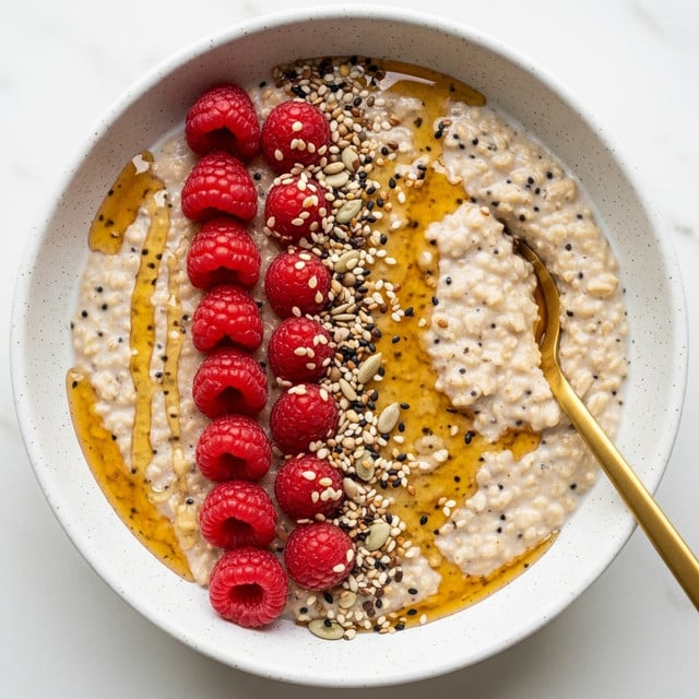 A white speckled bowl filled with creamy beige oatmeal forms the base layer, showing a soft and smooth texture with small black specks. On top, there is a layer of bright red, fresh raspberry halves arranged in a neat line on one side. The oatmeal is drizzled with a golden honey layer that pools at the edges and reflects light, adding shine. Small mixed seeds with white, beige, and brown colors are sprinkled over the raspberries and oatmeal. A gold spoon is partially submerged on the right side inside the bowl. The setting is on a white marbled surface. photo taken with an iphone --ar 4:5 --v 7