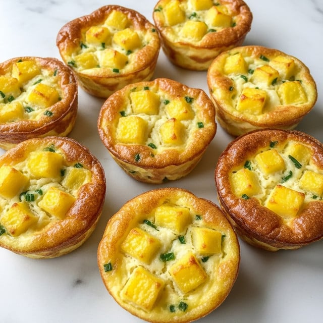 The image shows seven small, golden-brown mini frittatas arranged on a white marbled surface. Each frittata has a slightly uneven round shape with a textured, crispy outer edge and a softer, spongy center. The tops are speckled with cube-shaped yellow pieces, likely cheese or potato, and small green herb bits, possibly chives, are scattered throughout. The frittatas have a lightly browned, baked appearance with some areas slightly puffed up, giving a homemade and fresh look. photo taken with an iphone --ar 4:5 --v 7
