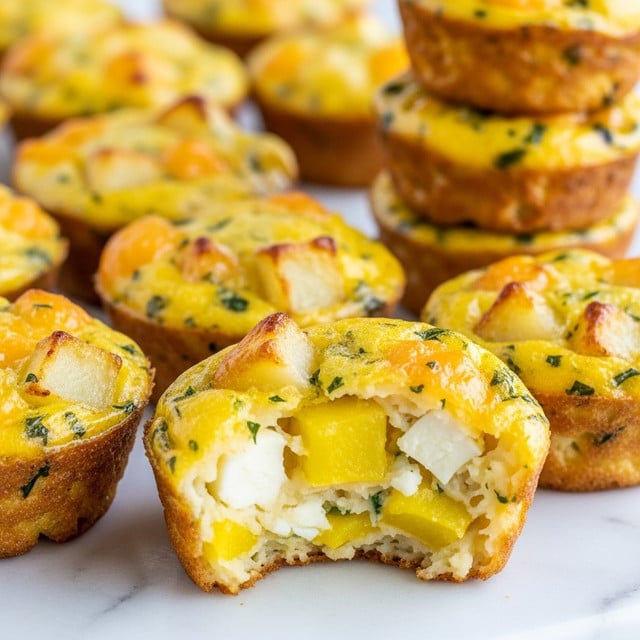 A group of small, golden-brown muffin-shaped egg bites sit on a white marbled surface. The egg bites have a slightly rough, textured outside crust with visible small green herbs and chunks of yellow cheese and potatoes throughout. One egg bite is broken open, revealing a soft, creamy inside filled with white cheese and yellow potato pieces. In the background, there are stacks of two or three egg bites placed closely together, all with the same golden color and visible ingredients on the surface. The scene is brightly lit, showing the warm, inviting colors of the egg bites. photo taken with an iphone --ar 4:5 --v 7