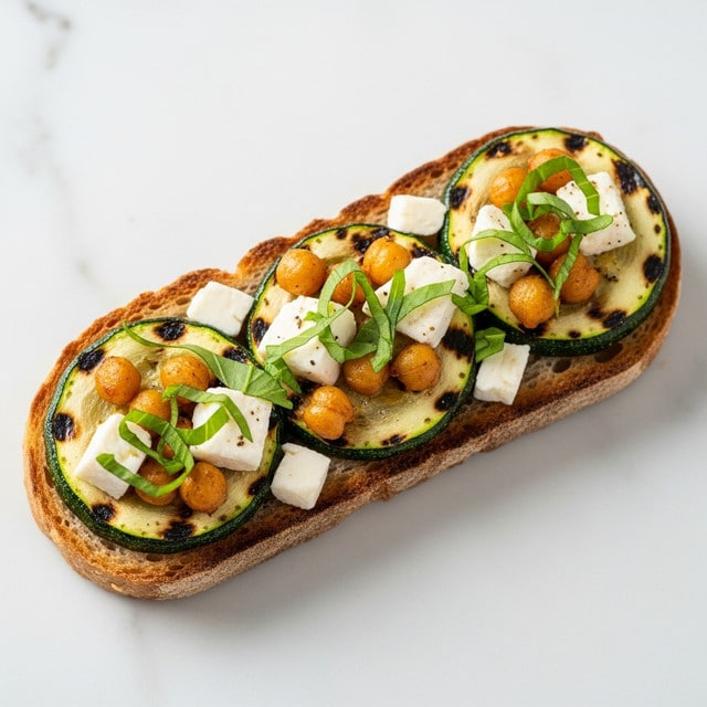 The image shows a single slice of toasted bread on a white marbled surface, topped with three round slices of grilled zucchini arranged in a row. The bread base has a warm brown color with a crispy texture. On top of the zucchini, small chunks of white cheese are scattered, along with some golden brown roasted chickpeas. Fresh green leafy herbs are sprinkled over the entire toast, adding a bright pop of color and freshness. The overall look is rustic and appetizing, with a mix of soft, crispy, and fresh textures visible. Photo taken with an iphone --ar 4:5 --v 7