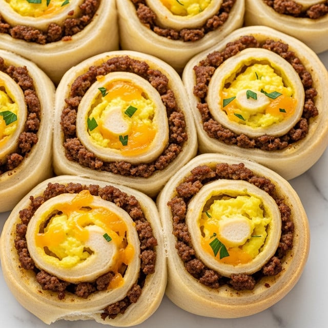 The image shows several close-up baked rolls arranged tightly together with a soft, light golden-brown dough wound into spirals. Each roll has three visible layers: the outer dough with a smooth texture and light crust on the edges, a middle layer filled with finely crumbled brown sausage, and an inner layer of bright yellow scrambled eggs mixed with melted orange cheddar cheese. Small bits of green herbs are sprinkled on top, adding a fresh touch. The rolls are set along a white marbled surface. photo taken with an iphone --ar 4:5 --v 7
