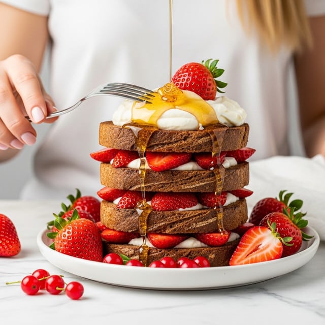 The image shows a tall stack of four thick slices of dark brown toasted bread. Between each toast layer, there are bright red strawberries, some halved and some whole, peeking out with their juicy texture. On top of the stack, there is a generous dollop of white cream, with a stream of honey being poured over it, adding a glossy golden shine. More strawberries and small red berries surround the base of the stack on a white plate, which sits on a white marbled surface. A woman's hand holding a fork is positioned to the left side, ready to dig in. Photo taken with an iphone --ar 4:5 --v 7