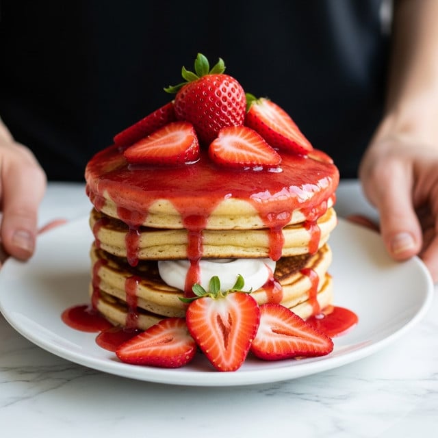 A stack of three thick, fluffy pancakes with a golden-brown color sits on a white plate, each layer slightly uneven for a homemade feel. The top pancake is covered with a shiny red strawberry sauce that drips down the sides, with whole and sliced fresh strawberries placed on top and around the base. A small dollop of white whipped cream sits right in the middle of the stack, just under a halved strawberry with its green leaves. The plate rests on a white marbled surface, and a woman's hand is gently holding the edge of the plate. photo taken with an iphone --ar 4:5 --v 7