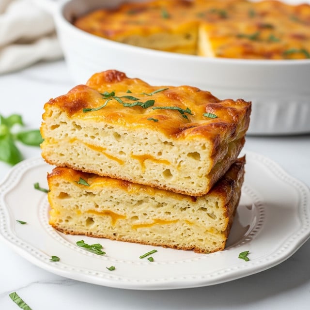 A close-up of a baked creamy casserole slice being lifted with a wooden spatula from a white ceramic baking dish with a honeycomb pattern; the casserole has a golden brown, slightly crispy top layer with fresh green herb pieces sprinkled over it, a middle layer of soft, creamy, pale yellow texture, and a crispier browned edge; the background is a white marbled surface. photo taken with an iphone --ar 4:5 --v 7