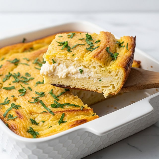 Two thick, golden-brown slices of cheesy casserole are stacked on a white, slightly scalloped plate. The casserole shows layers of melted cheese with a light, fluffy texture inside and a crispy top with browned bits. Small green herb pieces are sprinkled over the top and around the plate, adding a fresh touch. In the background, there is a white casserole dish filled with more of the same golden casserole, all set on a white marbled surface. photo taken with an iphone --ar 4:5 --v 7