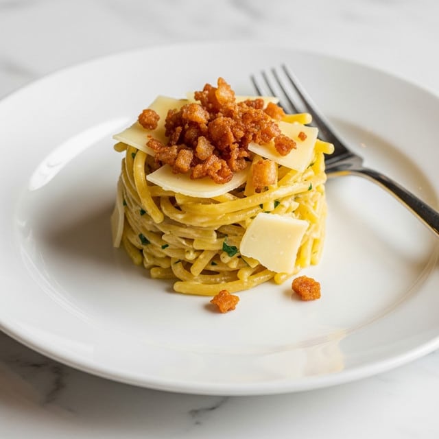 A white, speckled plate filled with two neat piles of light yellow, flat pasta noodles, topped with small pieces of golden-brown caramelized onions scattered evenly over the pasta. Some thin, pale shreds of cheese are lightly sprinkled on top of the onions and noodles. A gold fork rests inside the right pile of noodles. The plate sits on a dark wooden surface with a small chunk of cheese nearby. Photo taken with an iphone --ar 4:5 --v 7