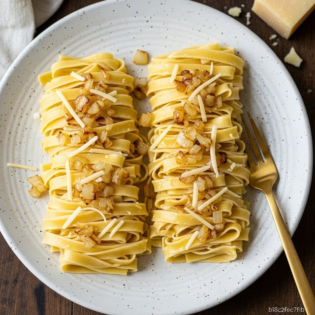 A white plate holds a small, neat mound of pasta with a light yellow sauce mixed throughout. On top, there are crispy golden brown pieces scattered unevenly, resembling fried shallots or bacon bits, adding a textured layer. Some thin slices of pale cheese are lightly melting into the pasta, giving it a creamy look. The plate sits on a white marbled surface, with a fork placed to the right side. photo taken with an iphone --ar 4:5 --v 7