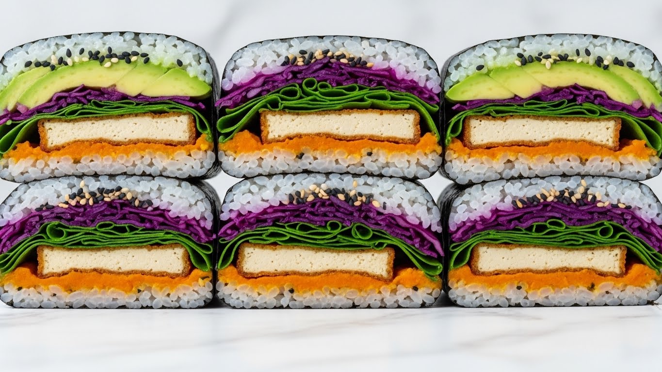 Five sushi sandwich halves are stacked closely on a white marbled surface, each wrapped in dark seaweed. Each sandwich has multiple layers starting with a thick layer of sticky white rice on the top and bottom. Inside the layers, there is bright green avocado, vibrant purple pickled cabbage, fresh green spinach leaves, and either a crispy golden tofu patty or a bright orange mashed sweet potato layer. Black and white sesame seeds are sprinkled on the rice and vegetables, adding texture and small pops of color. The layers are neat and visible from the side, showing a fresh, colorful, and healthy look. photo taken with an iphone --ar 4:5 --v 7