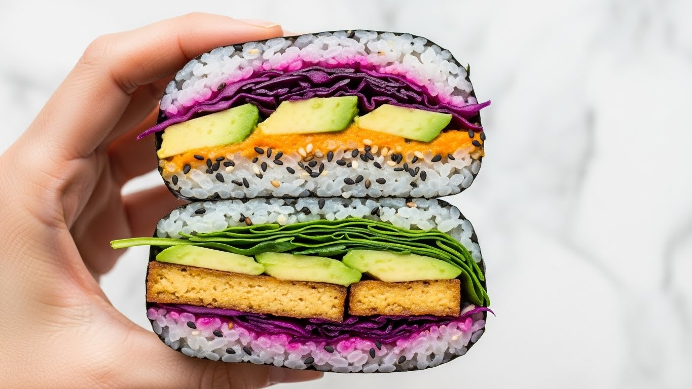Two halves of a sushi sandwich held by woman's hand are shown, each with multiple layers wrapped in dark seaweed. The top half has a bottom layer of white rice with black and white sesame seeds, followed by an orange spread, then slices of green avocado, a layer of bright purple pickled cabbage, and topped with another layer of white rice with black and white sesame seeds. The bottom half has a bottom layer of white rice with black and white sesame seeds, followed by fresh green spinach leaves, bright purple pickled cabbage, slices of green avocado, a thick layer of golden-brown tofu, and finished with a layer of dark seaweed wrapping. The background is a white marbled texture. photo taken with an iphone --ar 4:5 --v 7
