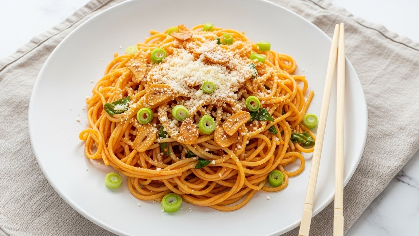 A white plate sits on a white marbled surface covered with a light beige cloth, holding a dish of thin spaghetti noodles coated in a light reddish-orange sauce. The noodles are mixed with small pieces of golden fried garlic and scattered pale green slices of chopped spring onions. A sprinkling of grated white cheese is spread over the top, adding a fine textured layer. To the right side of the plate, a pair of light wooden chopsticks rests on the cloth. photo taken with an iphone --ar 4:5 --v 7