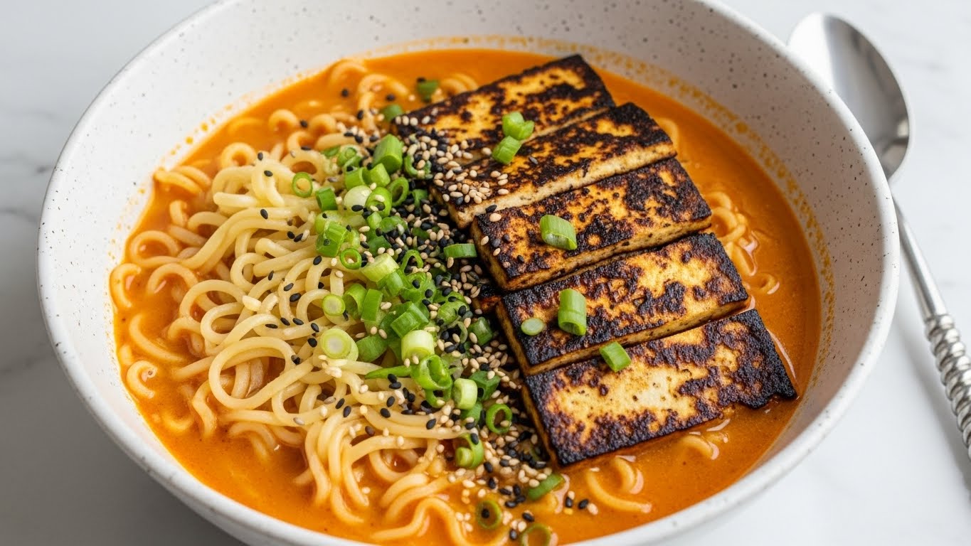 A white speckled bowl filled with a rich orange broth as the base layer, with round, pale yellow noodles partially submerged in the broth on the left side. On top, there are six rectangular pieces of golden-brown grilled tofu with charred edges, stacked loosely toward the right side. Scattered green onion slices and small black and white sesame seeds are sprinkled over the tofu and noodles, adding a touch of contrast. The bowl is placed on a white marbled surface next to a spoon with a spiral-shaped handle. Photo taken with an iphone --ar 4:5 --v 7