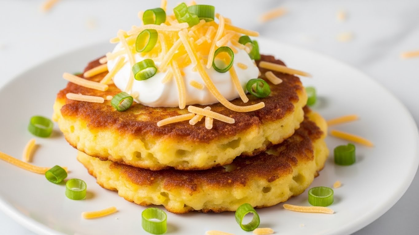 A close-up view of two golden-brown potato pancakes stacked slightly on a white plate with a crispy outside and soft inside texture. On top, there is a dollop of white sour cream covered with scattered shredded pale orange and yellow cheese and bright green chopped scallions. The plate sits on a white marbled surface with some cheese crumbs around. The photo is taken with an iphone --ar 4:5 --v 7
