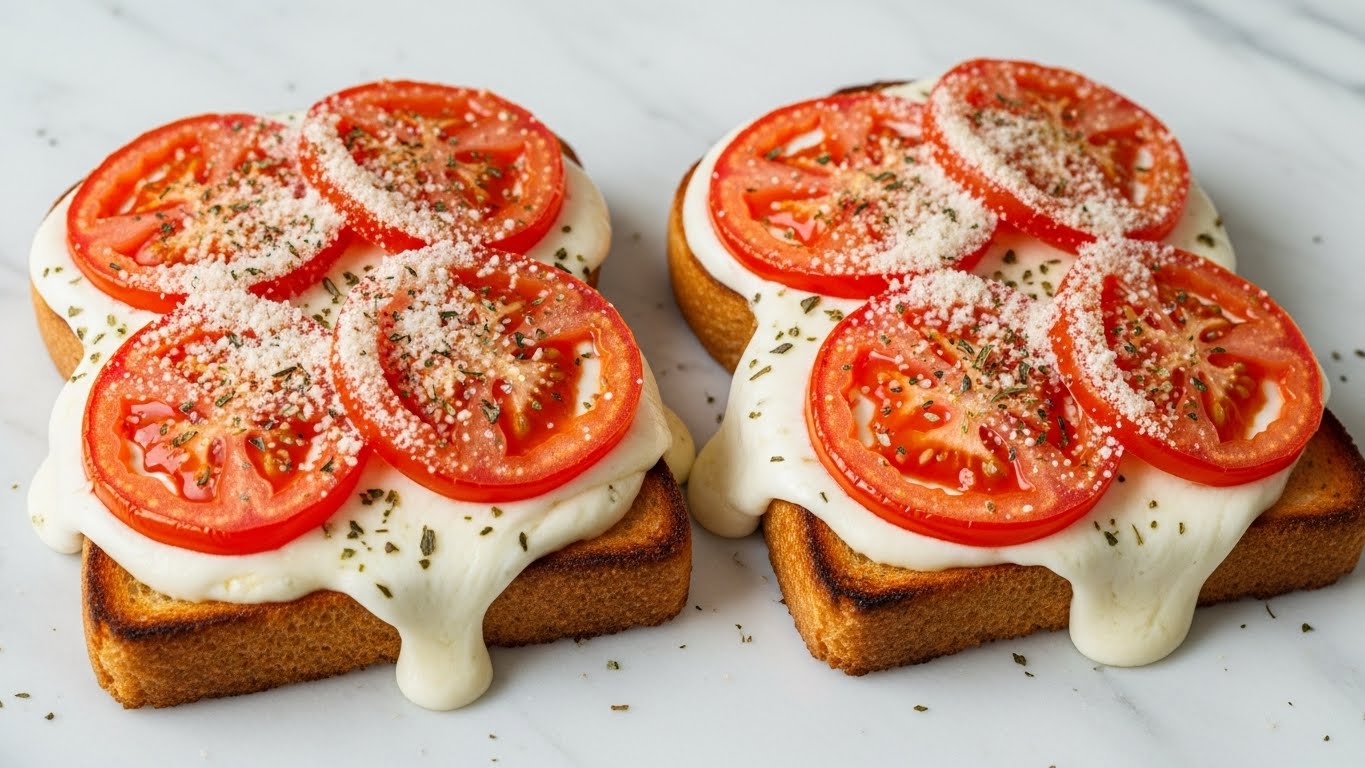 Two slices of toast are placed on a white marbled surface, each topped with layers starting with golden-brown toasted bread, followed by a thick, creamy layer of melted white cheese that covers the bread’s surface and slightly drips over the edges. On top of the cheese, there are several bright red tomato slices with a glossy finish and sprinkled with a light layer of finely grated cheese, which is slightly browned and melted in patches. The overall texture looks crispy around the edges with gooey melted cheese and juicy, soft tomatoes on top. Photo taken with an iphone --ar 4:5 --v 7