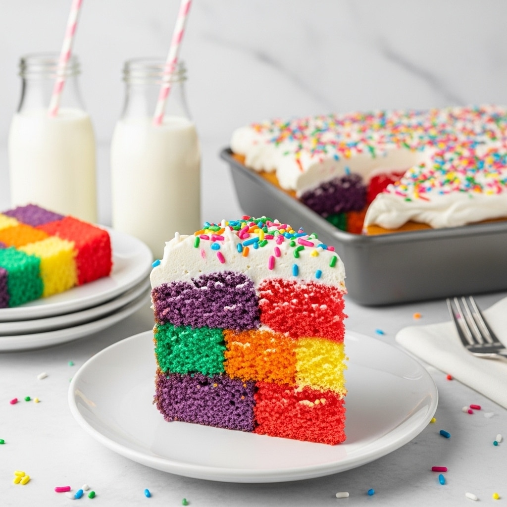 A colorful slice of patchwork cake sits in the center on a white plate, showing four visible layers of bright purple, red, orange, and yellow cake pieces mixed together. On top of the cake is a thick layer of white whipped frosting covered with multicolored sprinkles in green, red, orange, pink, yellow, and blue. In the background, there are two glass bottles of milk with pink striped straws and a white stack of plates holding another slice of the same colorful cake. A baking pan with a larger portion of the patchwork cake topped with frosting and sprinkles is also visible against a white marbled texture surface. photo taken with an iphone --ar 4:5 --v 7