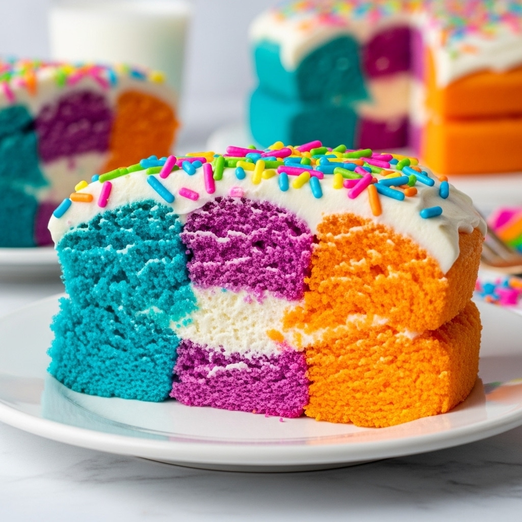 A slice of colorful patchwork cake with three visible sections: bright blue on the left, vivid purple with a white creamy filling in the middle, and bright orange on the right. The cake has a fluffy texture and is topped with a thick layer of smooth white frosting sprinkled with small, long, multi-colored sprinkles in pink, green, blue, orange, yellow, and purple. The slice sits on a clean white plate, placed on a white marbled surface, with a blurred background showing more cake pieces and a glass of milk. Photo taken with an iphone --ar 4:5 --v 7