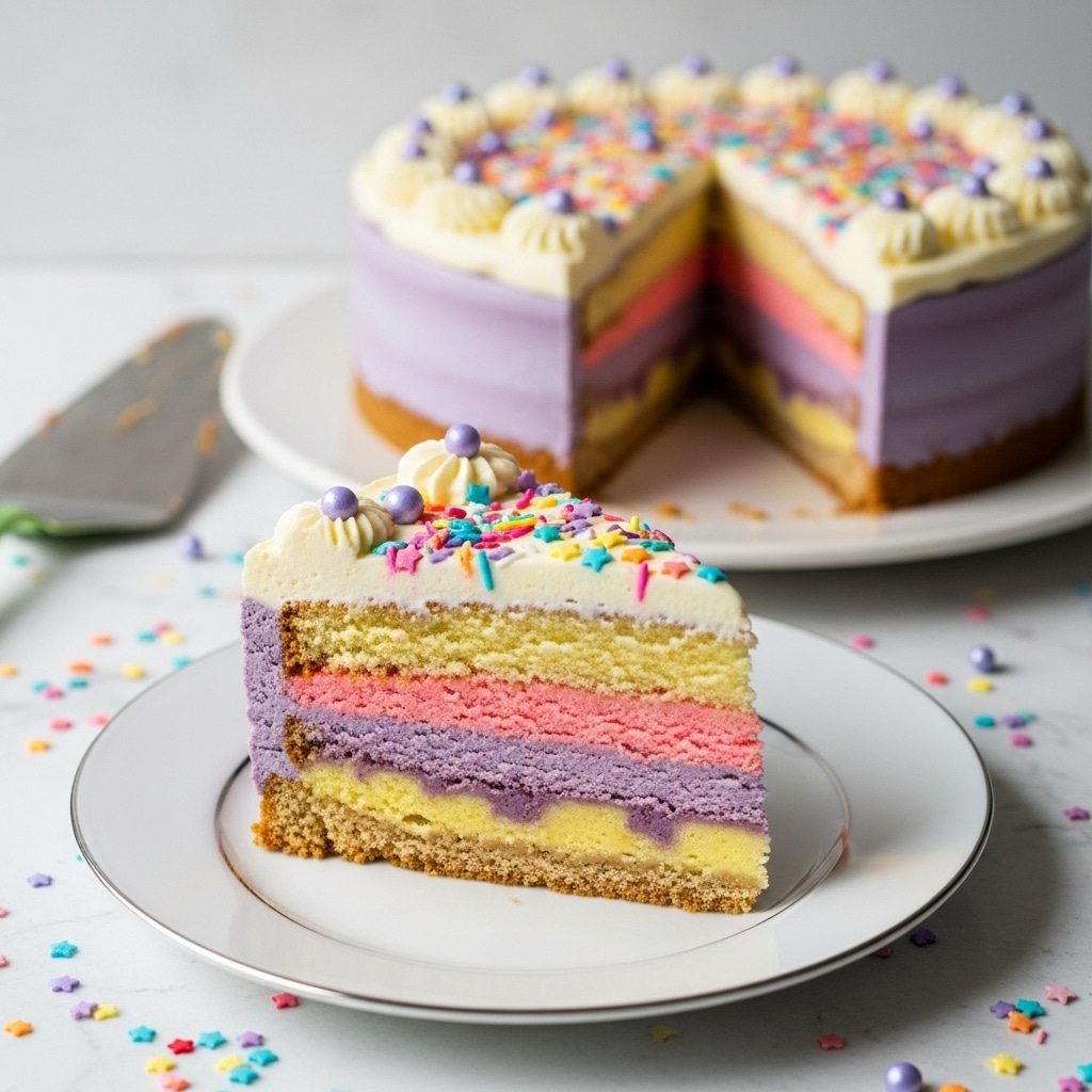 A slice of layered cake sits on a white plate with a thin silver rim, showing four thick layers: a crumbly light brown crust base, a pale yellow layer above it, followed by a light purple layer, then a pink layer, and finally a blue layer topped with a thick white frosting sprinkled with colorful star-shaped and round confetti sprinkles. In the background, the rest of the cake with the same layers and frosting sits on a white plate, with a green cake server nearby and scattered confetti on a white marbled surface. Photo taken with an iphone --ar 4:5 --v 7