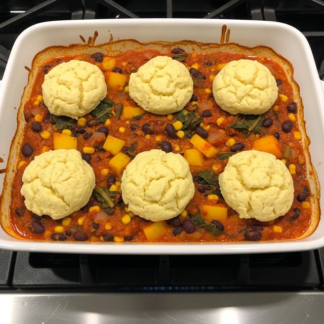 A white rectangular casserole dish holds a layered baked meal with two main visible layers. The bottom layer is a thick, chunky mix of reddish-orange sauce with pieces of black beans, corn, greens, and big chunks of yellow-orange vegetables spread evenly across the dish. On top are six dollops of pale yellow, soft and fluffy biscuit-like patties, spaced evenly in two rows of three. The casserole dish is placed on a shiny black stovetop, with some slight browned sauce splashes on the inside edges. Photo taken with an iphone --ar 4:5 --v 7