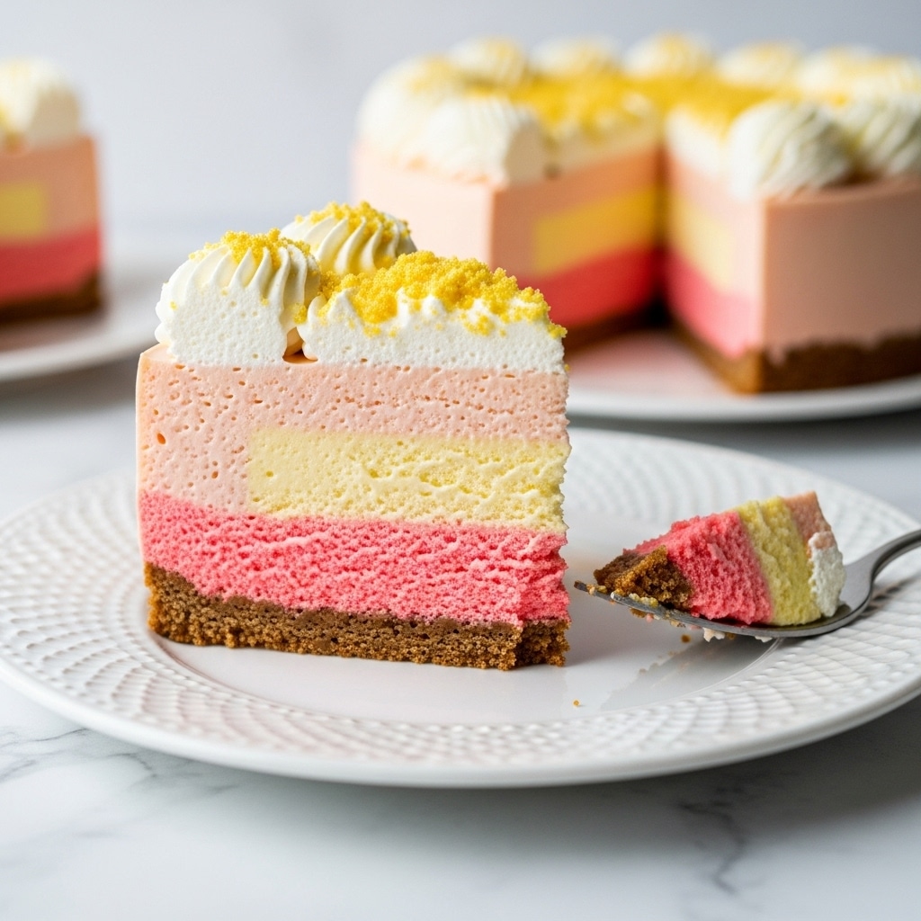 A slice of three-layer mousse cake sits on a white plate with a subtle embossed pattern, placed on a white marbled surface. The bottom layer is bright pink and fluffy, the middle layer is pale yellow and creamy, and the top layer is light peach with a smooth texture. The cake has a brown crumbly crust at the base. On top of the slice is a swirl of white whipped cream sprinkled with yellow crumbs. A fork near the slice holds a small piece of the cake showing the layers clearly. In the background, more cake slices are visible, slightly out of focus, adding depth to the image. Photo taken with an iphone --ar 4:5 --v 7
