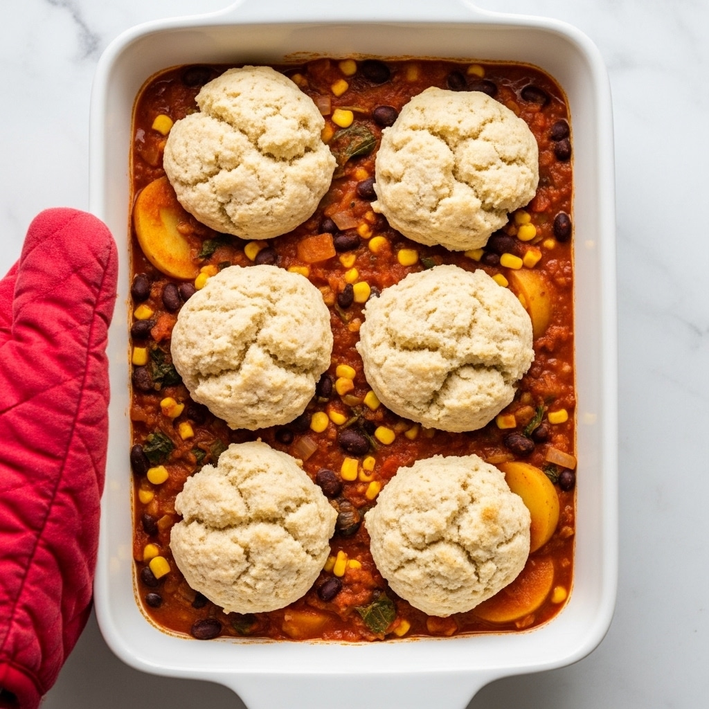 A white rectangular baking dish holds a stew topped with six rough, round biscuit dollops. The bottom layer is a thick reddish-orange sauce with visible black beans, chunks of yellow corn, green leafy bits, and slices of potato, giving a rich and chunky texture. On top, the biscuits are pale golden with a slightly crumbly surface, unevenly shaped and spread out evenly over the stew. A woman's hand with a red oven mitt grips the dish on the left side. The dish is set against a white marbled texture surface. Photo taken with an iphone --ar 4:5 --v 7
