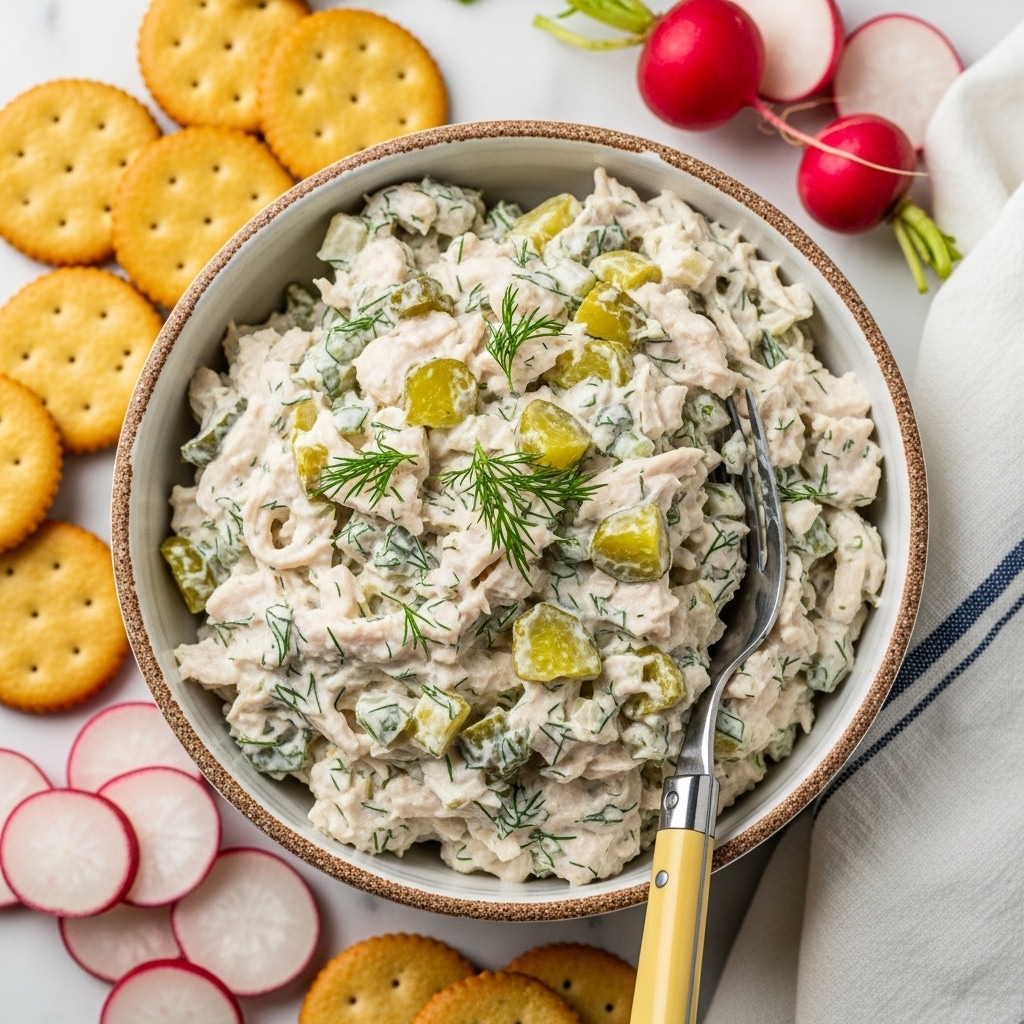 A close-up image of a bowl filled with creamy chicken salad that has a thick, soft texture. The salad contains white shredded chicken mixed with chunks of green pickles and sprinkled with small green dill leaves throughout. The bowl is white with a rough brown rim and a silver fork with a yellow handle is placed inside the salad. Surrounding the bowl, there are round crackers light brown in color and several slices of red radishes on a white marbled surface. A white cloth with a blue stripe is partially visible on the side. Photo taken with an iphone --ar 4:5 --v 7