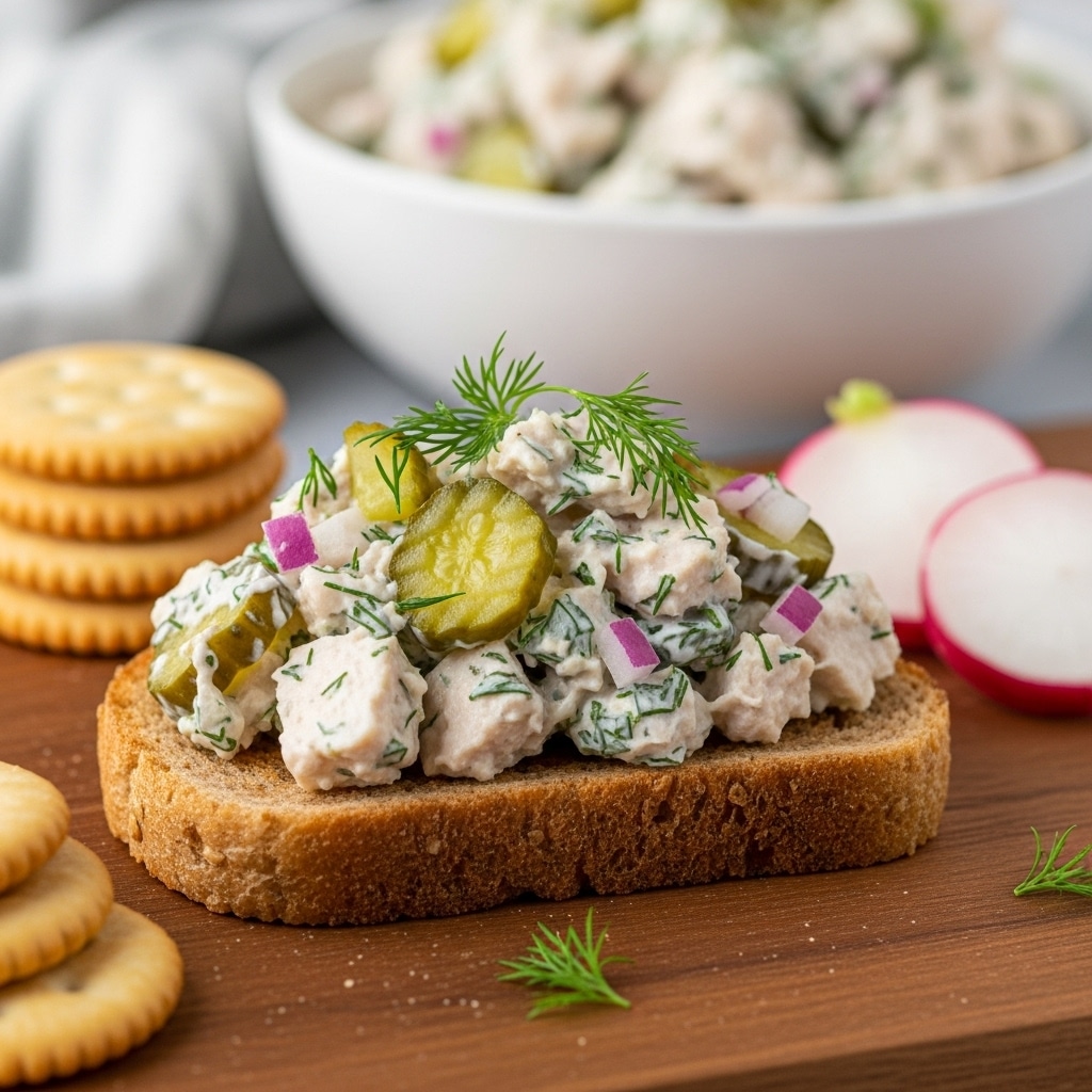 The image shows one slice of toasted brown bread topped with a creamy chicken salad mixed with small chunks of green pickles, bits of red onion, and fresh green dill sprinkled on top; the bread sits centered on a wooden board with a stack of light brown round crackers in the foreground on the left side and half a sliced radish with its white inside and pink edges on the right side; in the blurred background, there is a white bowl filled with more chicken salad. photo taken with an iphone --ar 4:5 --v 7