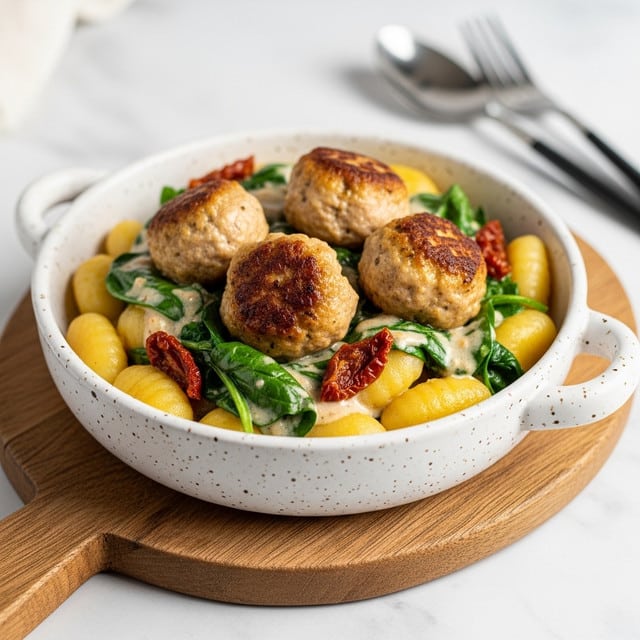 A creamy dish in a white speckled bowl with two small handles sits on a rustic wooden board over a white marbled surface. The bowl is filled with light golden gnocchi mixed with green spinach leaves and reddish-brown sun-dried tomatoes. On top, there are several browned meatballs with a slightly crispy texture. Everything is coated in a smooth pale sauce that shines under the light. A spoon and fork rest blurred in the background. photo taken with an iphone --ar 4:5 --v 7