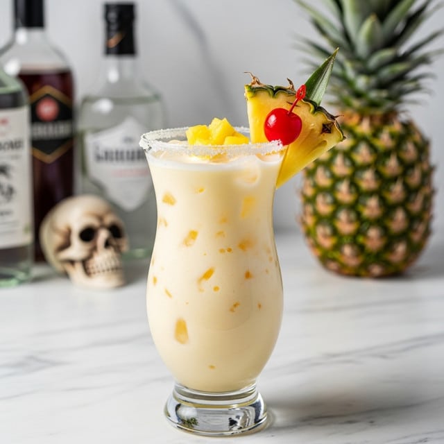 Two tall glasses filled with a creamy pale yellow drink that looks smooth and cold. Each glass has a wedge of bright yellow pineapple on the rim, with the juicy texture of the fruit visible. Inside the drink, near the top, rests a shiny red cherry. One glass has a clear amber-colored straw, and the other glass has a clear yellow straw and a small pink cocktail umbrella. The glasses are placed on a white marbled surface that adds a soft, elegant background. photo taken with an iphone --ar 4:5 --v 7