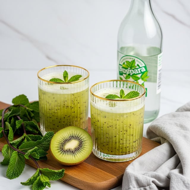 Two clear glasses with thin vertical ridges and gold rims hold a light green, slightly frothy kiwi drink. Each glass has a green mint leaf floating on top and is placed on a wooden board. Next to the glasses lies a sliced half kiwi with its bright green inside and black seeds visible. Fresh mint sprigs with dark stems are scattered on the wooden board and a light gray cloth is draped nearby. A clear glass bottle with a green and white label stands behind the drinks on a white marbled surface. photo taken with an iphone --ar 4:5 --v 7