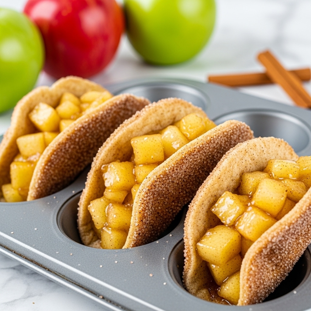 The image shows a close-up of four small taco-shaped desserts inside a gray metal muffin tray. Each taco has a golden-brown shell covered in cinnamon sugar, folded in half to hold a glossy, chunky apple filling that looks soft and juicy with a light syrup coating. The shells have a textured, slightly rough look, and the apple filling is a warm yellow color with a hint of cinnamon. In the softly blurred white marbled background, there are red and green apples and a cinnamon stick, adding to the cozy feel of the scene. photo taken with an iphone --ar 4:5 --v 7