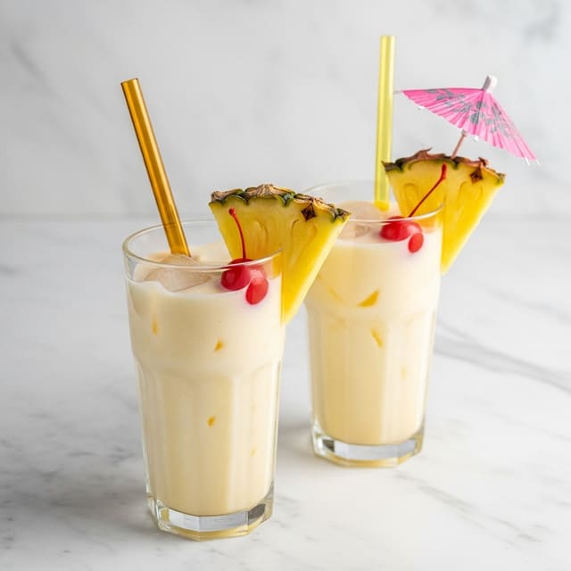 A tall, curvy glass with a light yellow creamy drink filled with small ice cubes sits on a white marbled surface. The rim of the glass is coated with a sugary white layer. On top of the drink, there are small yellow pineapple chunks floating. The glass is garnished with a large triangular slice of pineapple, showing its green-tipped brown skin, attached to the rim along with a bright, glossy red cherry. In the background are blurred bottles and a small skull decoration, with a whole pineapple placed on the right. photo taken with an iphone --ar 4:5 --v 7