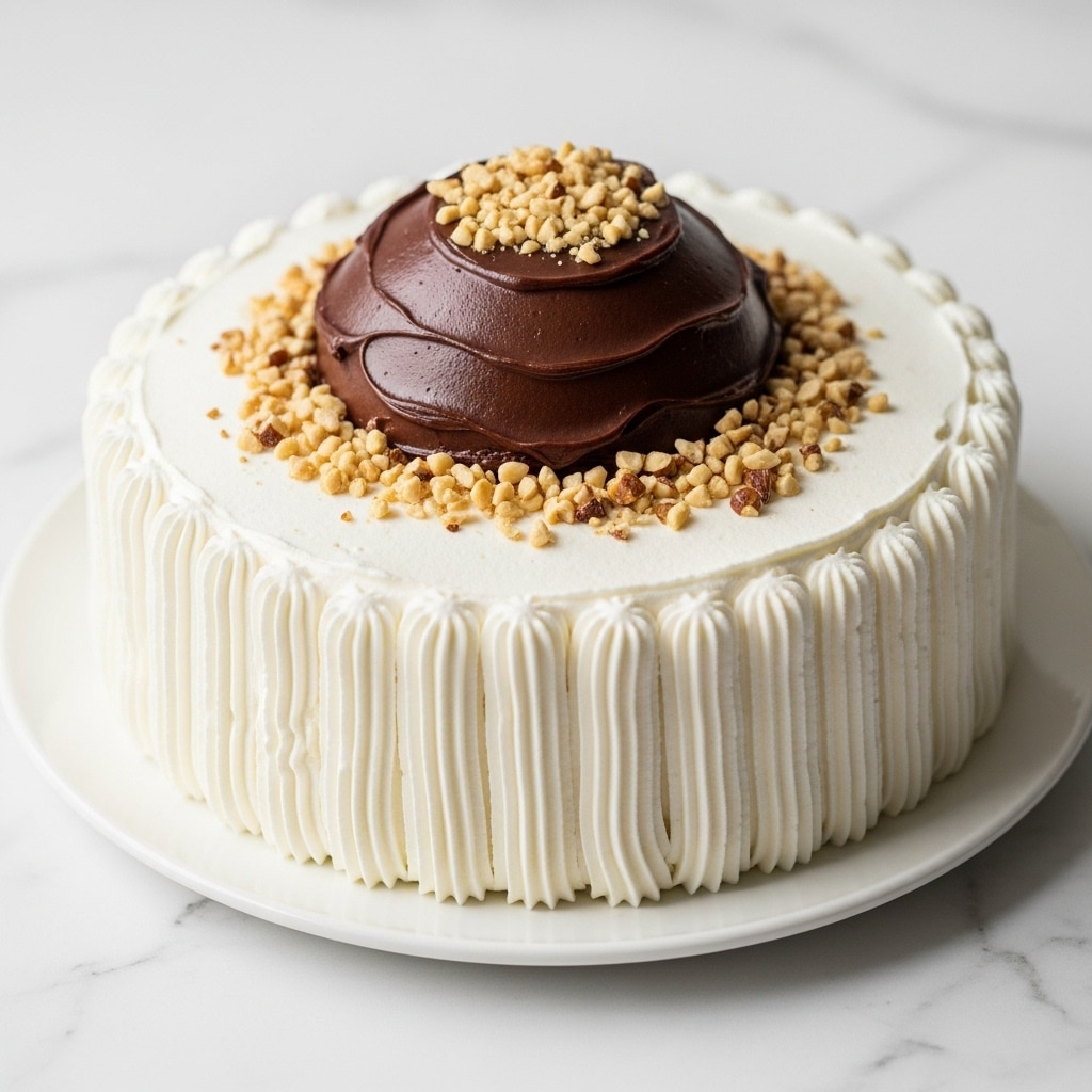 A round cake sits on a white plate on a white marbled surface, with two main layers visible. The base layer is fully covered in smooth white whipped cream, applied in tall vertical ridges around the side. The top layer is a smaller, thick, rich dark brown chocolate frosting dome centered on the cake. On top of the chocolate frosting, there is a loose scattering of chopped light beige nuts. The look is neat but slightly rustic, with the chocolate layer having some texture and small waves. photo taken with an iphone --ar 4:5 --v 7
